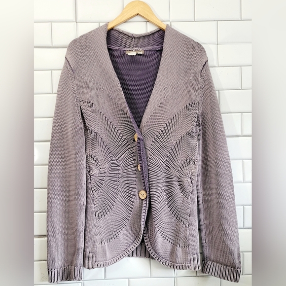 Isabella Bird Knit Purple Lavender Cable Knit Cardigan 100% Cotton Wooden Button - Picture 1 of 5